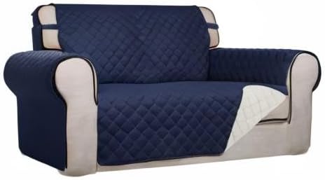 PureFit Reversible Quilted Sofa Cover, Water Resistant Medium Slipcover Furniture Protector, Washable Couch Cover with Non Slip Foam and Elastic Straps for Kids, Dogs, Pets (Loveseat, Navy/Ivory) | Navy/Ivory, Water Resistant Couch Protector, Washable ... - Image 8