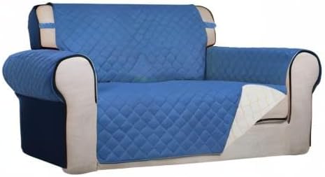 PureFit Reversible Quilted Sofa Cover, Water Resistant Medium Slipcover Furniture Protector, Washable Couch Cover with Non Slip Foam and Elastic Straps for Kids, Dogs, Pets (Loveseat, Blue/Ivory) | Blue/Ivory, Water Resistant Couch Protector, Washable ... - Image 8