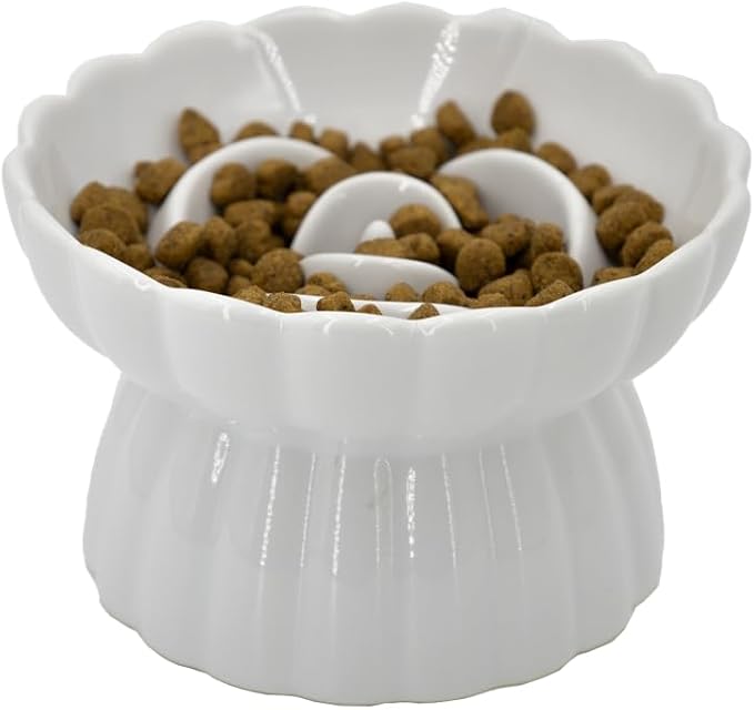 Ceramic Cat Slow Feeder, Raised Slow Feeder Cat Bowl, Anti Vomiting and Whisker Friendly Kitty Dish, Elevated Puppy Kitten Food Bowl for Dry and Wet Food (White) by Vitisyao