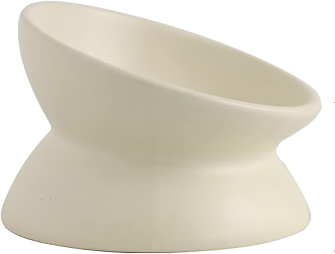 Ceramic Raised Cat Bowl, Cat Food Bowls Elevated Tilted, Ceramic Pet Bowl Whisker Friendly, Anti Vomit & Reduce Neck Burden for Food and Water (Cream-White) by Seemypet