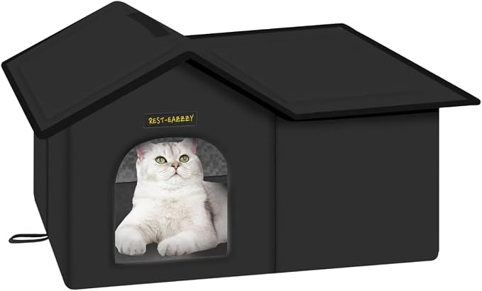 Outdoor Cat House for Feral Cats,Weatherproof & Insulated | Self-warming & waterproof insulated, with mat and canopy, sturdy support, easy assembly, winter shelter for feral cats, black by Rest-Eazzzy