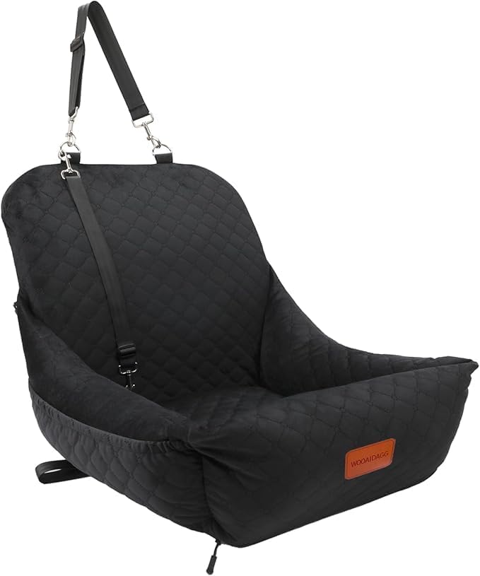 Wooaidagg Dog Car Seat for Small Dogs Up to 25 lbs,Covered Ultra-Soft Fabric and Fill in Memory Foam,Fully Detachable and Washable,2 Clip-On Safety Leashes and Storage Pockets(Black) by WOOAIDAGG