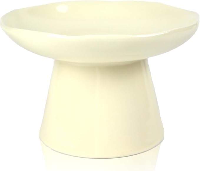 Wide Shallow 6.1" Raised Cat Bowls, Ceramic Elevated Food Plate for Flat Faced Cats and Small Dogs, Porcelain Feeder Bowl, Stress Free, Protect Cat’s Spine, Cream by Careforyourbelovedfurbaby
