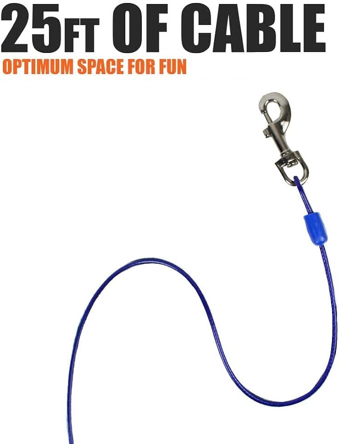 BV Dog Tie Out Cable 25 Feet - Heavy Duty Dog Lead Up to 60 Pounds - Reflective & Rust-Free with Quick Release Swivel Clips & 360° Rotating Clasp - Tangle-Free Dogs Runner for Yard (Blue, Single) - Image 3
