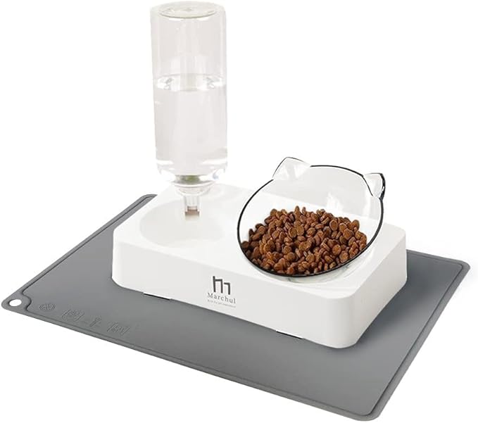 Marchul Tilted Cat Food Bowl with Feeding Mat for Food and Water, Food Feeding Dishes for Raised Cats and Puppies by Marchul