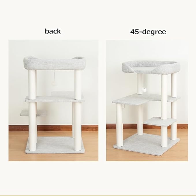 Cat Tree Tower Wooden 37.4''(95 cm), Large Cat Tree with Jump Platform & Play Ball for Indoor Cats, Ideal Cat's Climbing Frame & Playhouse (Linen Fabric Light Grey) - Image 3