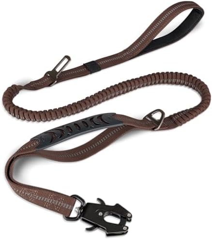 Joytale Tactical Bungee Dog Leash, Shock Absorbing No Pull, Brown | for Large Dogs That Pull, 2 Padded Handles for Control, Car Seatbelt Clip, Reflective for Night Safety, Metal Frog Clip by Joytale