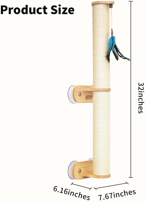 Lulu's World Sisal Cat Wall Scratcher Post with 4 Suction Cups 32" Tall | No-Drill,sturdy climbing tree,wall shelves,kitten wall furniture,natural style,feather toy,save space,for indoor - Image 7