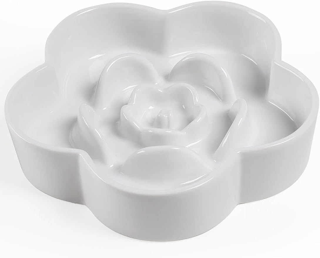 Ceramic Slow Feeder Dog/Cat Bowl 8" 11.3oz Medium Large | Anti-Choking Slow Food Bowls, Slow Feeder for Large Breeds, Plum Puzzle Design, Non-slip Silicone, Dishwasher Safe, White by WoofinPets