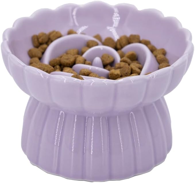 Ceramic Cat Slow Feeder, Raised Slow Feeder Cat Bowl, Anti Vomiting and Whisker Friendly Kitty Dish, Elevated Puppy Kitten Food Bowl for Dry and Wet Food (Purple) by Vitisyao