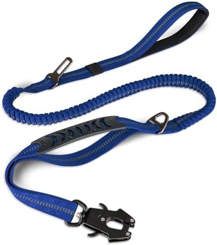Joytale Tactical Bungee Dog Leash, Shock Absorbing No Pull, Navy Blue | For Large Dogs That Pull, 2 Padded Handles for Control, Car Seatbelt Clip, Reflective for Night Safety, Metal Frog Clip by Joytale