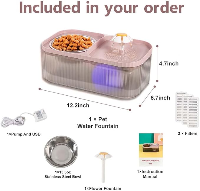 Marchul Cat Water Fountain and Stainless Steel Food Bowl, 100oz/3L Super Quiet Automatic Pet Water Dispenser with Smart Pump and 3 Replacement Filters for Cats and Small Dogs, Pink - Image 7