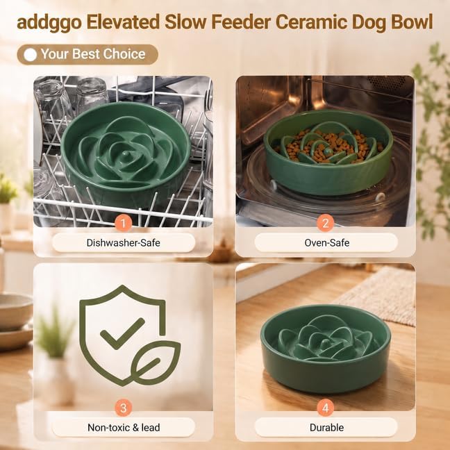 Elevated Ceramic Slow Feeder Dog Bowls Anti-Choking Slow Feeding for Medium& Large Anti-Slip Non-Lead & Toxic Durable Easy to Clean Maze Slow Feeder Bowl（8.66in Olive Green Flower Pattern） - Image 5