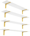 Long Wall Shelves, 47.3Inch Wooden Wall Mounted Shelves, Set of 4 | Large Floating Book Shelf, Metal Brackets, Easy Assembly, Max Load 33lbs, Wall Storage Ledges, Bedroom/Bathroom, White & Gold by DINZILVJ