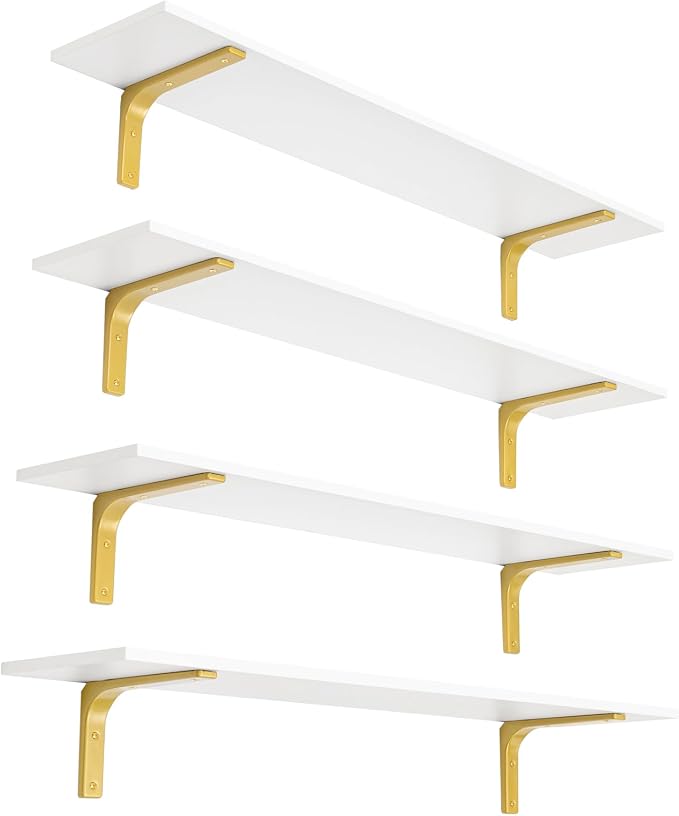 Long Wall Shelves, 47.3Inch Wooden Wall Mounted Shelves, Set of 4 | Large Floating Book Shelf, Metal Brackets, Easy Assembly, Max Load 33lbs, Wall Storage Ledges, Bedroom/Bathroom, White & Gold by DINZILVJ