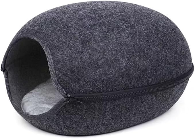 Felt Cat Cave Bed with Removable Cover, Cozy Pet Shelter for Indoor Cats, Zippered Washable Cat House with Roomy Interior (Dark Gray, for Cats Under 15 lbs, Round Dome Cat Bed) by YolieraArt