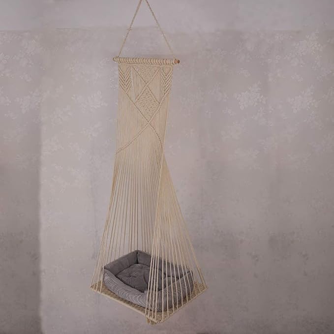 Macrame Hanging Cat Hammock Bed Cat Swing House Space Saving Window Perch with Washed Cotton Cats Toy Tassel Basket Tapestry (Beige, Swing Bed+Cushion) - Image 7