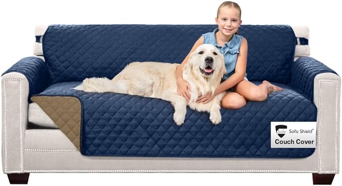 Sofa Shield® Couch Sofa Slip Cover for Dogs with Strap, Navy Sand | Reversible Furniture Protector, Stain and Tear Resistant Cushion Cover, Machine Washable Slipcover for Pets, Cats 70 inch by SofaShield