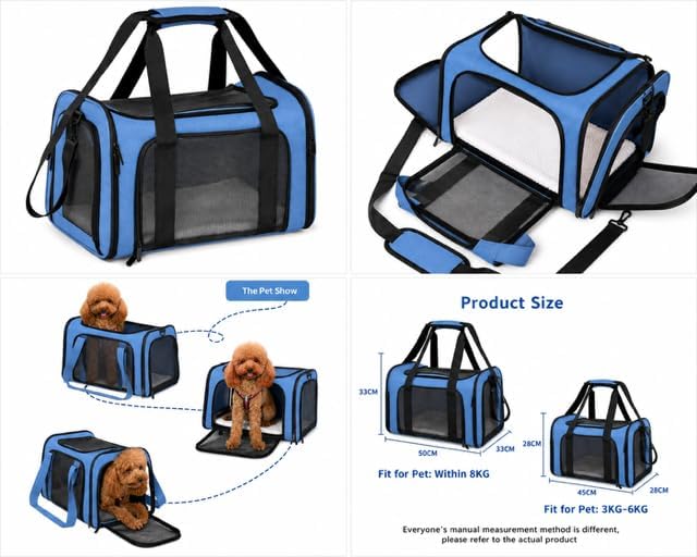 Pet Carrier Soft-Sided for Small Dogs & Cats, Foldable Airline Approved Pet Travel Carrier with Breathable Mesh, Washable Cushion & Shoulder Strap, Portable Puppy Cat Carrier Bag (Blue, 19.7*13*13) - Image 6