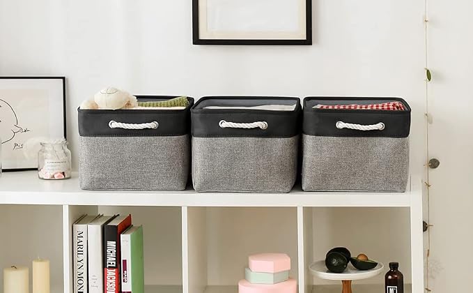 TheWarmHome Organization and Storage Basket for Organizing - 17x14x10 inch Large 3 Pack Collapsible Storage Bin for Shelves, Fabric Basket for Gifts Empty Organizer Gift Closet (Black & Grey) - Image 4