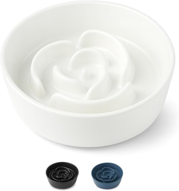 Ceramic Slow Feeder Dog Bowl for Small Dogs & Cats, 6 Inch Puzzle Pet Food Dish, Non-Slip Heavy Design, Helps Reduce Fast Eating, Bloating & Indigestion, Dishwasher Safe (Porcelain White) by Trundisan