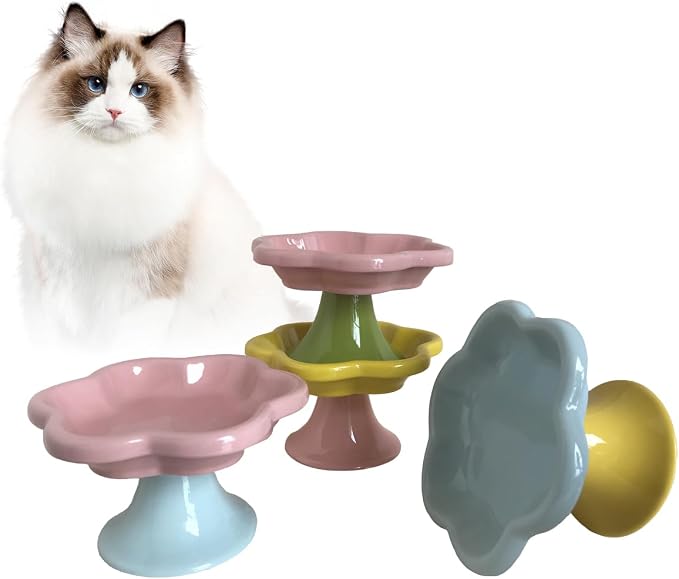 Ceramic Elevated Cat Bowls Flower Dish,Small Raised Dish.Flower Ceramic Raised Bowls for Cats and Small Dogs reducing pet’s Neck Bending and Pressure（Pink Blue） - Image 4