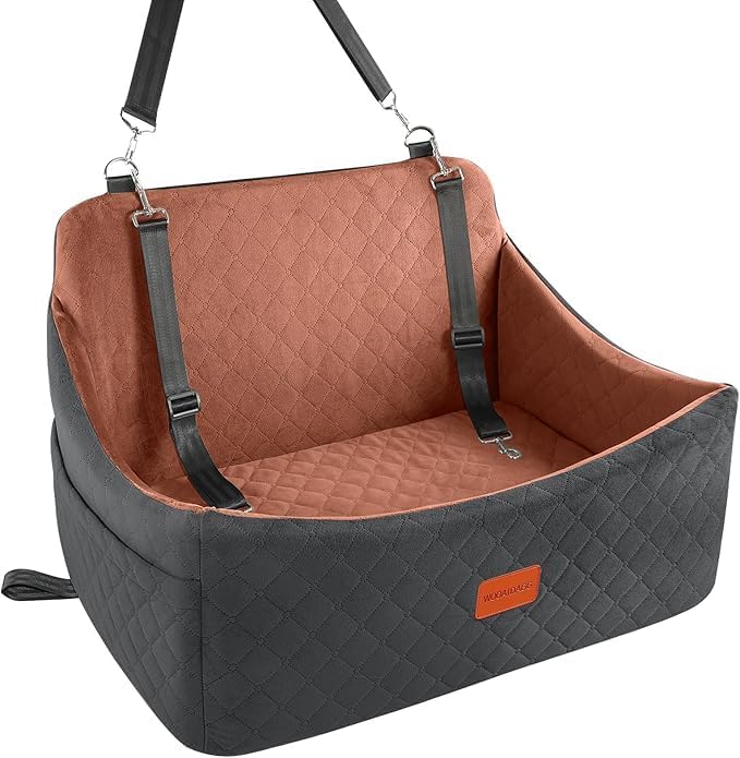 Wooaidagg Dog Car Seat for Medium & Large Dogs Up to 55lbs, Memory Foam Cushion, Washable Cover, Safety Straps & Non-Slip Bottom(Black/Brown,Large) by WOOAIDAGG