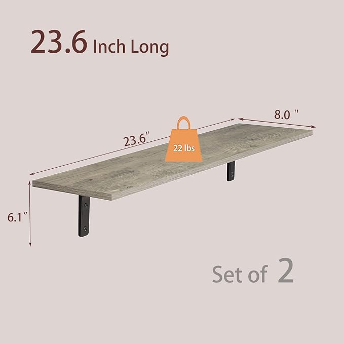 Long Wall Shelves, 23.6Inch Wooden Wall Mounted Shelves, Set of 2 | Floating Book Shelf, Metal Brackets, Easy Assembly, Max Load 22lbs, Wall Storage Ledges, Bedroom/Bathroom/Kitchen, Gray Wash - Image 3