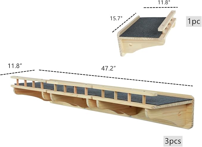 SHENGOCASE 47.2" x 11.8" Natural Solid Wood Wall Mounted Cat Shelves, Superhighway Walkway Balcony with Guardrail Wall Furniture, Steps Stairs, Perch - Image 4