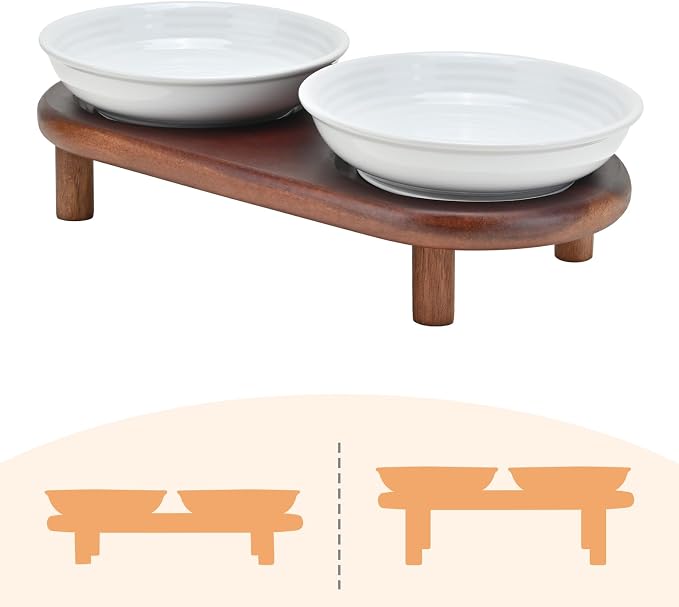 SPUNKYJUNKY Shallow Elevated Cat Bowl with Acacia Wood Stand Wide Raised Ceramic Cat Dishes Whisker Friendly Pet Food and Water Plates (Striped Pattern, White) by SPUNKYJUNKY