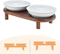 SPUNKYJUNKY Shallow Elevated Cat Bowl with Acacia Wood Stand Wide Raised Ceramic Cat Dishes Whisker Friendly Pet Food and Water Plates (Striped Pattern, White) by SPUNKYJUNKY