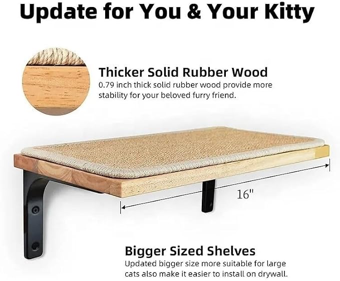 2 Pieces Cat Hammock Wall Mounted Floating Wall Shelf with Cat Scratching Mat Thick Solid Wood Cat Tree for Cat (2 Pieces Hammock) - Image 6