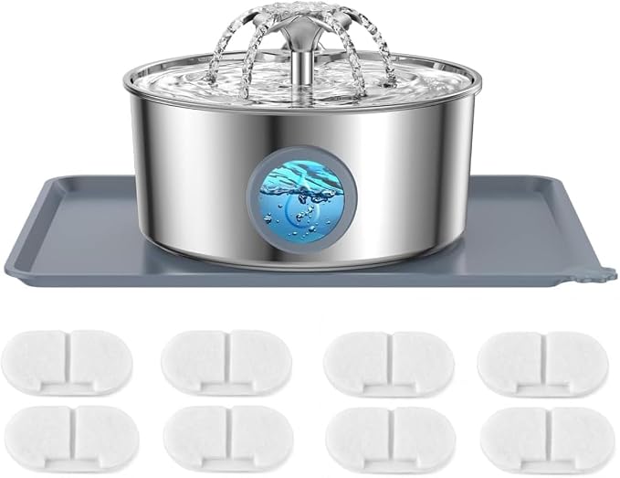 Cat Water Fountain, 3.2L 108Oz Stainless Steel Pet Fountain, 8 Filters | Stainless steel cat fountain, dishwasher safe with triple filtration, quiet pump and visible water window for cats and dogs. by Unknown