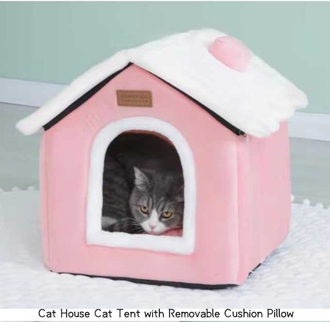 Cat Bed Cave, Cute Christmas Cat Beds for Indoor Cats, Pink | Pet House Cats Tent with Removable Cushion Pillow for Kittens Puppy Small Dogs - Image 3