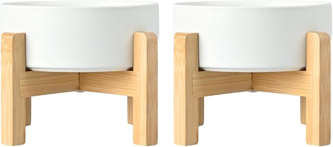 SPUNKYJUNKY Ceramic Elevated Dog Bowls 2 Pack - 6.1inch Raised Dog Bowls with Non-Slip Wooden Stand for Medium Dogs Dishwasher Safe(White,28.7OZ*2) by SPUNKYJUNKY