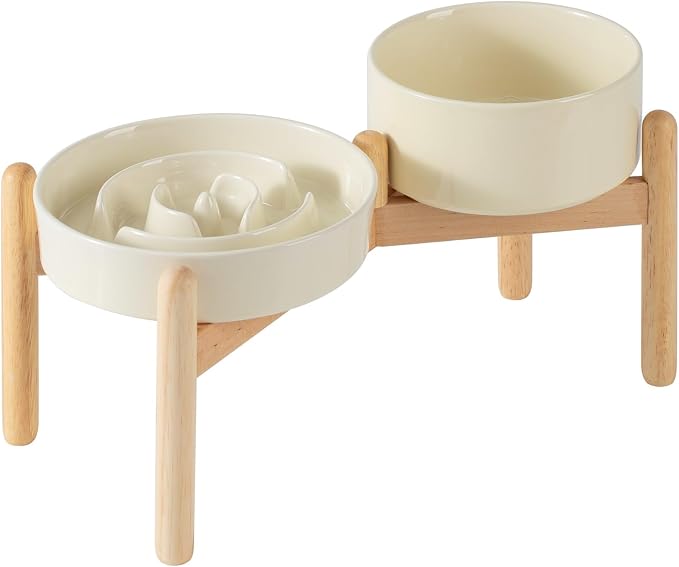 Havniva Elevated Slow Feeder Dog Bowls, Ceramic Dog Bowl Slow Feeder Set | 1.2 Cups Raised Slow Feeder Dog Bowl for Small Breed, 6.1” Dog Water Bowl with Wooden Stand, Puzzle Dog Food Bowl, Non-slip by Havniva