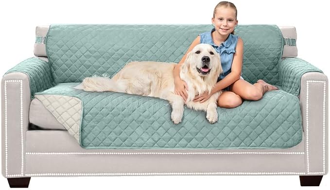 Sofa Shield® Couch Small Sofa Slip Cover for Dogs with Strap, Seafoam Cream | Reversible Furniture Protector, Stain and Tear Resistant Cushion Cover, Machine Washable Slipcover for Pets, Cats 70 inch by SofaShield