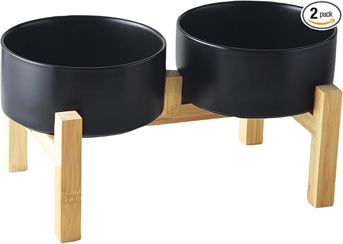 Raised Ceramic Dog Bowl Set - Elevated Dog Bowls with Non Slip Bamboo Stand, Food and Water Bowl Set for Small and Medium Breed Dogs, Pet Bowls, Weighted Dogs Dishes (6'', 2 * 30OZ, Black) by Welloyed