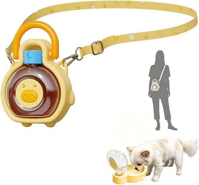 2-in-1 Crossbody Portable Dog Water Bottle with Foldable Bowl Base, 13.5oz, Adjustable Water Flow, Ideal for Small & Medium Dogs on Daily Walks and Pet Trips （Yellow） by Geelraqaly