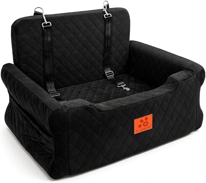XIEEAOZEE Dog Car Seat for Large/Medium Dogs Up to 55 Lbs, Soft Fabric Car Dog Bed Filling Memory Foam, Removable and Washable Pet Booster Carseat with 2 Safety Leashes, Thick Cushion (Black) by XIEEAOZEE