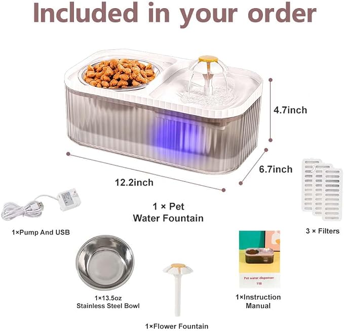 Marchul Cat Water Fountain and Stainless Steel Food Bowl, 100oz/3L Super Quiet Automatic Pet Water Dispenser with Smart Pump and 3 Replacement Filters for Cats and Small Dogs, White - Image 8