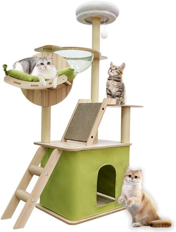59.1-Inch-Green Cat Tree for Indoor Cats Large Adult, with Cat Condos,Cat Scratchers,Cat Hammock,Space Capsule, Plush Jumping Platform,Hanging Ball,Cat Trees for Indoor Cats(Green/Log Color) - Image 9