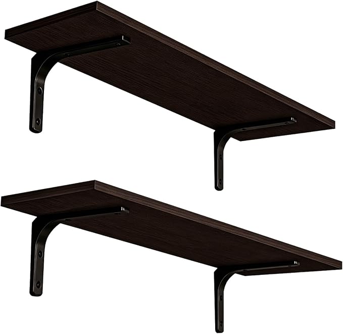Long Wall Shelves, 23.6Inch Wooden Wall Mounted Shelves, Set of 2 | Floating Book Shelves, Metal Brackets, Easy Assembly, Max Load 22lbs, Wall Storage Ledges, Bedroom/Bathroom/Kitchen, Espresso by DINZILVJ