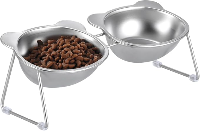 Stainless Elevated cat Bowls 5.9 Inch with Metal Stand Slip Resistant Base 15 Degrees Tilted Raised Pet Dishes Double Bowl Design Food and Water Dish for Cats Kitten Small Dog (Integrated Bowls) by Unknown