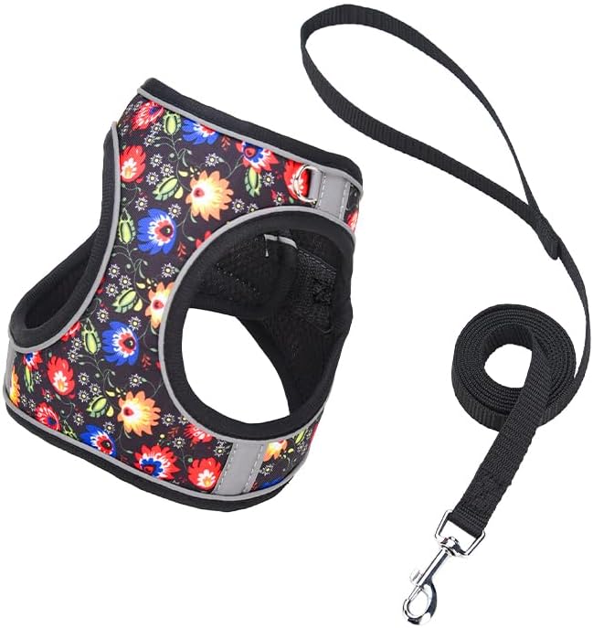 Step in Dog Harness No Pull Flower Adjustable Soft Mesh Harness | Escapeproof Reflective Pet Vest Harness and Leash Set for Small Medium Dogs by KocaPlye
