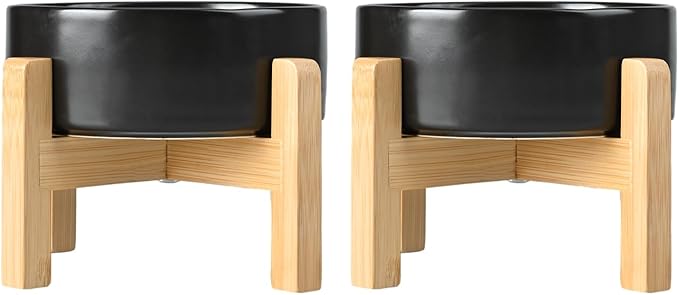 SPUNKYJUNKY Ceramic Elevated Dog Bowls 2 Pack - 6.1inch Raised Dog Bowls with Non-Slip Wooden Stand for Medium Dogs Dishwasher Safe(Black,28.7OZ*2) by SPUNKYJUNKY