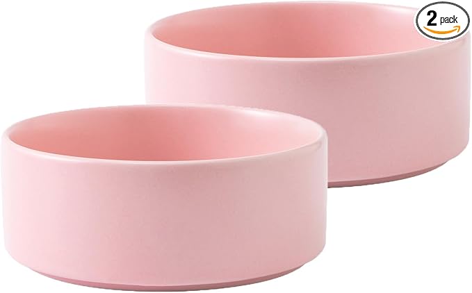 Ceramic Set of 2 Dog and Cat Bowls - Classic Food & Water Bowl for Kitty, Cats and Toy Breed Dogs, Weighted Dog Dishes, Food Grade Pet Bowl, Dishwasher & Microwave Safe (5.1'', 2*16OZ, Pink) by Welloyed
