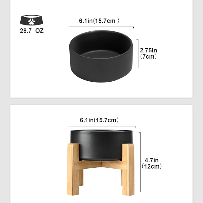 SPUNKYJUNKY Ceramic Elevated Dog Bowls 2 Pack - 6.1inch Raised Dog Bowls with Non-Slip Wooden Stand for Medium Dogs Dishwasher Safe(Black,28.7OZ*2) - Image 2