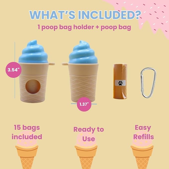 Ice Cream Dog Bag Dispenser | One Clip Doggie Poop Bag Holder | Bags Waste Container for Leash for Small Medium Large All Size Dogs | Cute and Fun Design | 15 Bags Included | Blue Color - Image 4