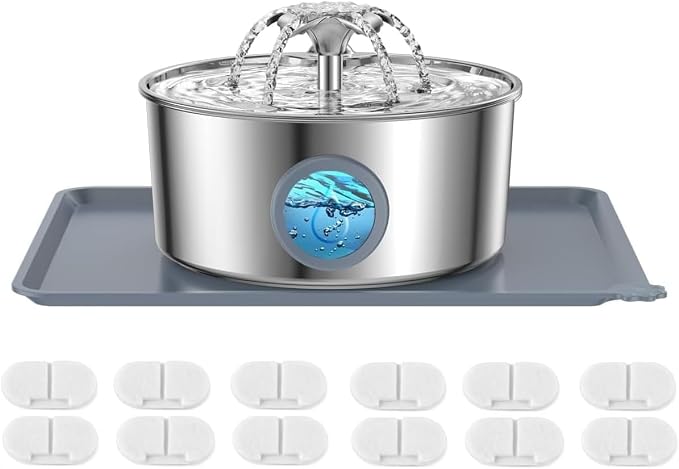 Cat Water Fountain, 3.2L 108Oz Stainless Steel Pet Fountain, 12 Filters | Stainless steel cat fountain, dishwasher safe with triple filtration, quiet pump and visible water window for cats and dogs. by Unknown